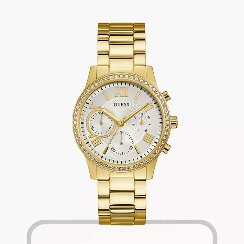 Guess Solar Crystal Silver Dial Gold-tone Ladies Watch- W1069L2